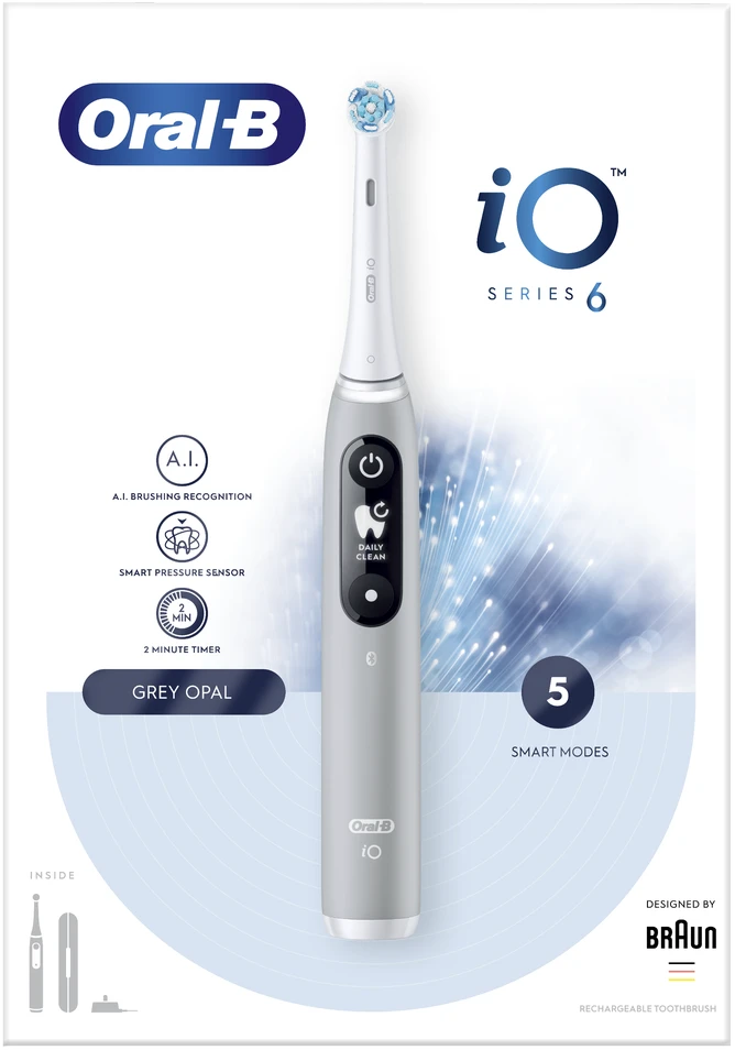Elektrinis dantų šepetėlis Braun iOM6.1A6.1K Oral-B iO6, pilkos spalvos
