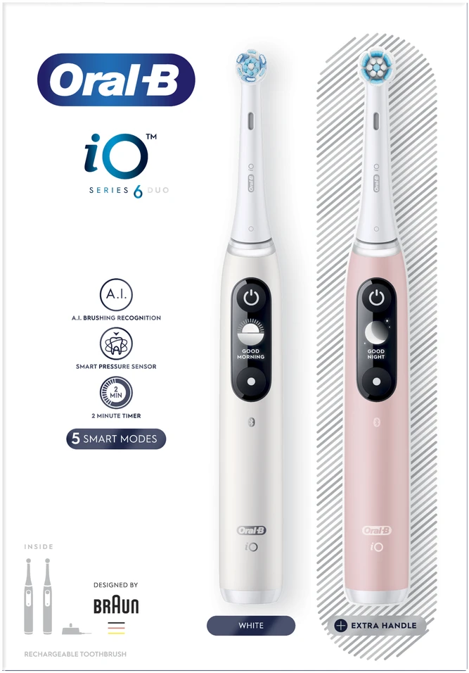 Braun iOM6d.2I6.1 Oral-B iO6 Duo Pack Elektrinis Dantų Šepetėlis Baltas + Rožinė Sand Extra Handle
