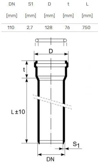 Magnaplast Vidaus kanalizacijos vamzdis HTEM su mova,, d 110, 750 mm