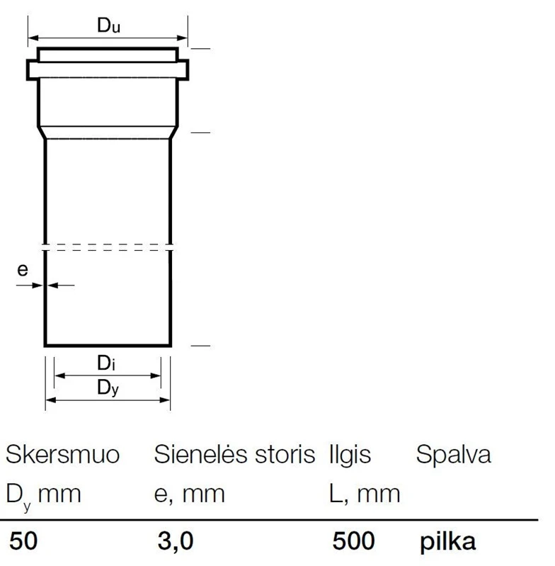 Caurule iekštelpu kanalizācijai Wavin, Optima, PVC, 50 mm, 0.5 m