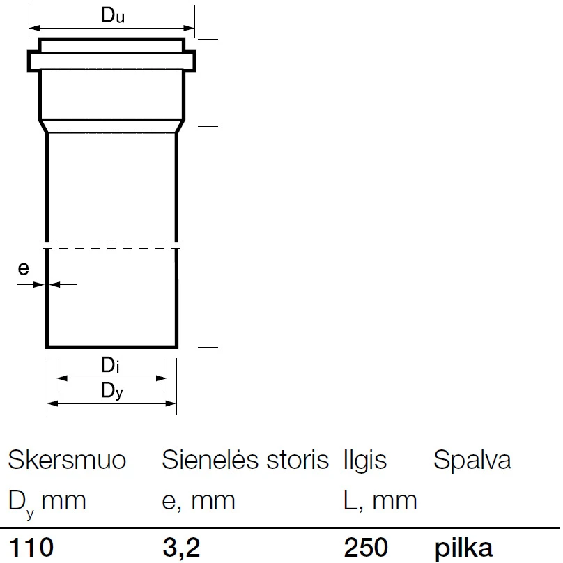 Vidaus kanalizacijos PVC vamzdis Wavin, Ø 110 mm, 0,25 m