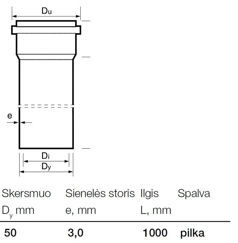 Caurule iekštelpu kanalizācijai Wavin, Optima, PVC, 50 mm, 1 m
