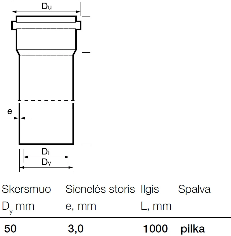Caurule iekštelpu kanalizācijai Wavin, Optima, PVC, 50 mm, 1 m