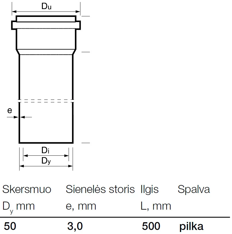 Caurule iekštelpu kanalizācijai Wavin, Optima, PVC, 50 mm, 0.5 m