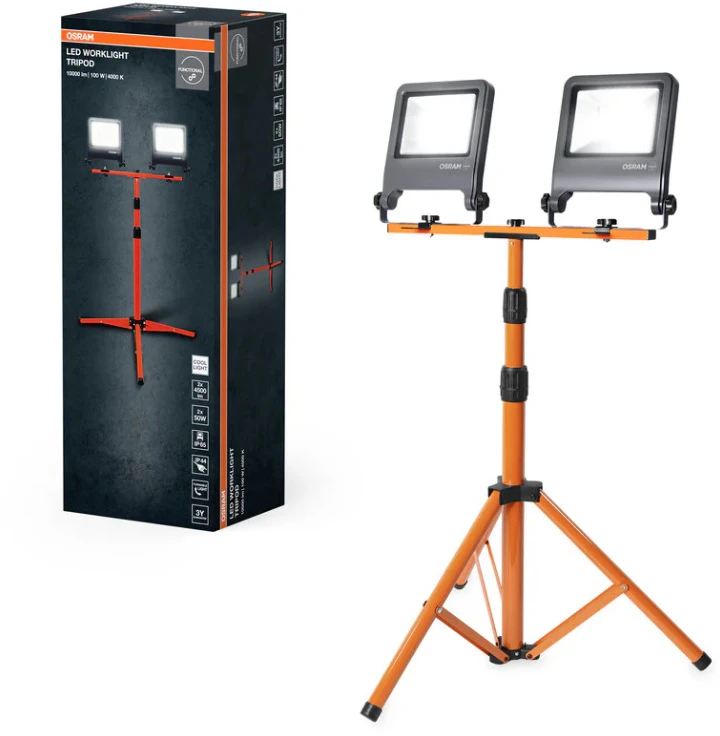 Statybinis prožektorius su stovu, pastatomas Osram, 100 W, 10000 lm, 4000 °K, IP65, pilka sp.