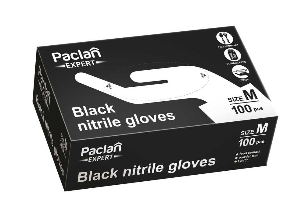 Cimdi vienreizēji Paclan, melna krās., M, 100 gab.