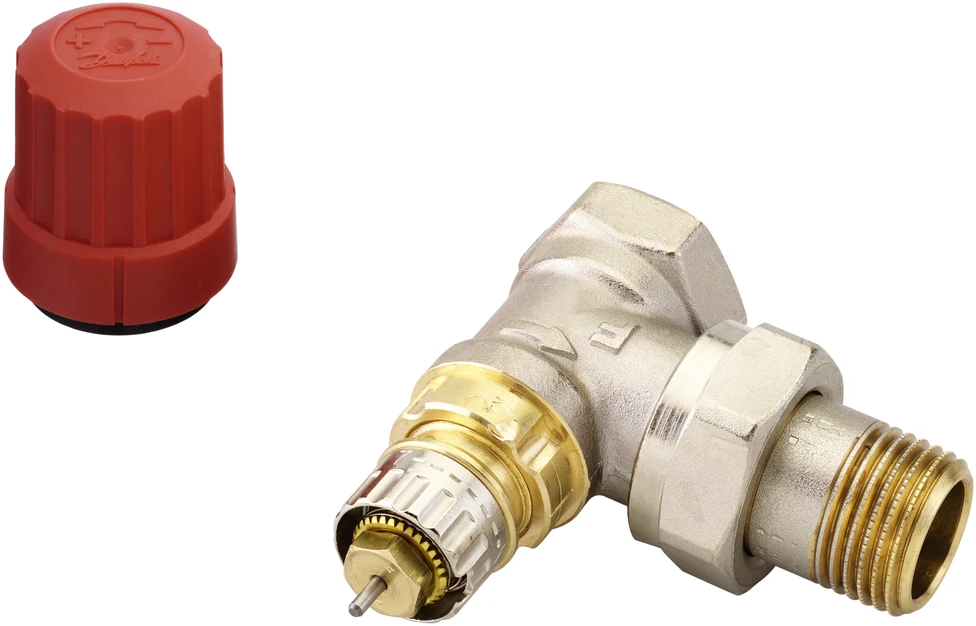 Danfoss vožtuvas, kampinis/termostatinis, šildymo sistemoms, 1/2 colio – išorinis sriegis, 1/2 colio – vidinis sriegis