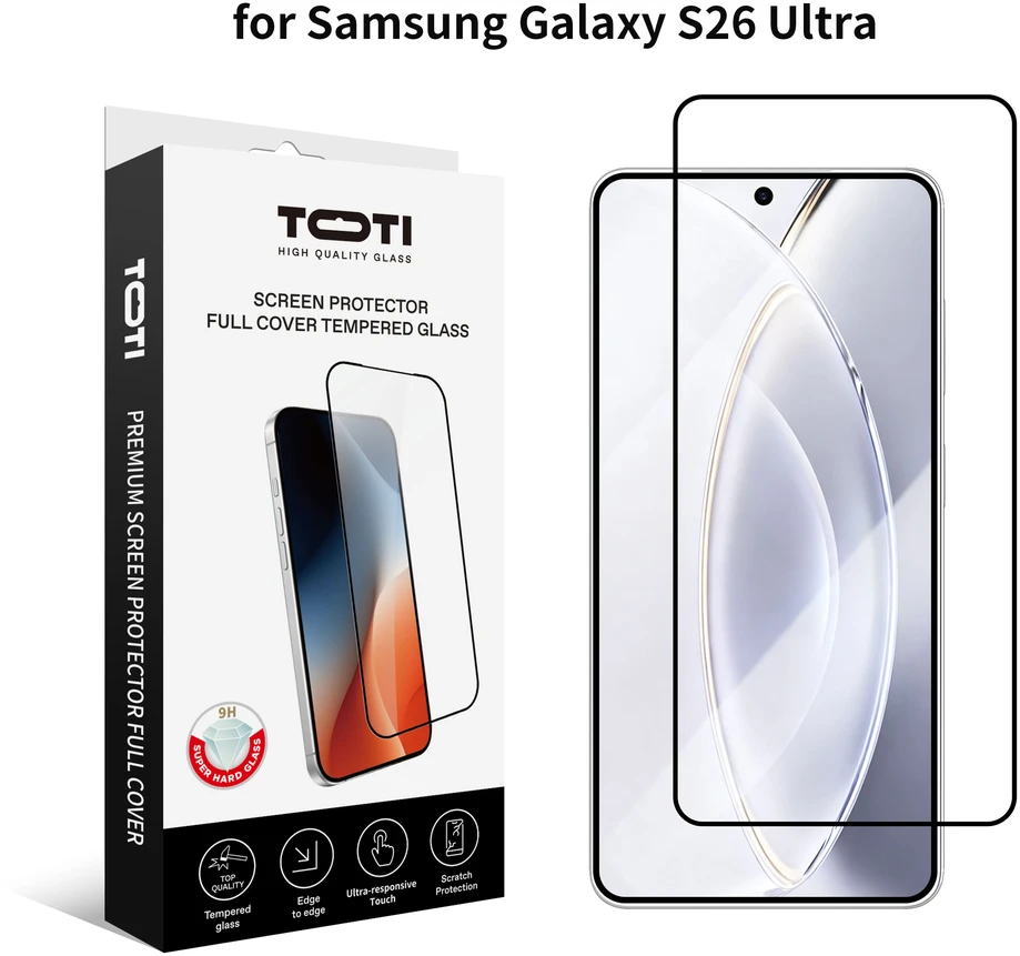 Nezatříděno TOTI PREMIUM grūdinto stiklo 2.5D ekrano apsauga, skirta „Samsung Galaxy S26 Ultra“ telefonui.