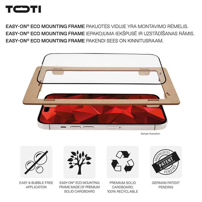 „Toti Premium PREMIUM“ grūdinto stiklo 3D ekrano apsauga, skirta „Apple iPhone 16 Pro“.