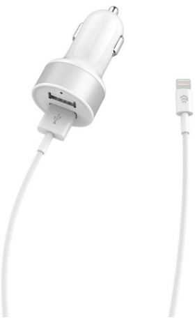 Įkroviklis automobilinis Devia Smart MFI su 2 USB jungtimis (2.4A) + MFI Lightning baltas