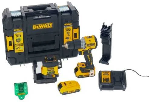 „Rinkinys“ 2 akumuliatoriniai įrankiai, DCD800 gręžtuvas-suktuvas ir 3 spindulių 360° lazeris DCLE34031 18 V ličio jonų akumuliatoriai, 2 x 2,0 Ah, „DeWALT“ [DCK2095D2T-QW], kurio spindulio atstumas iki 40 m.