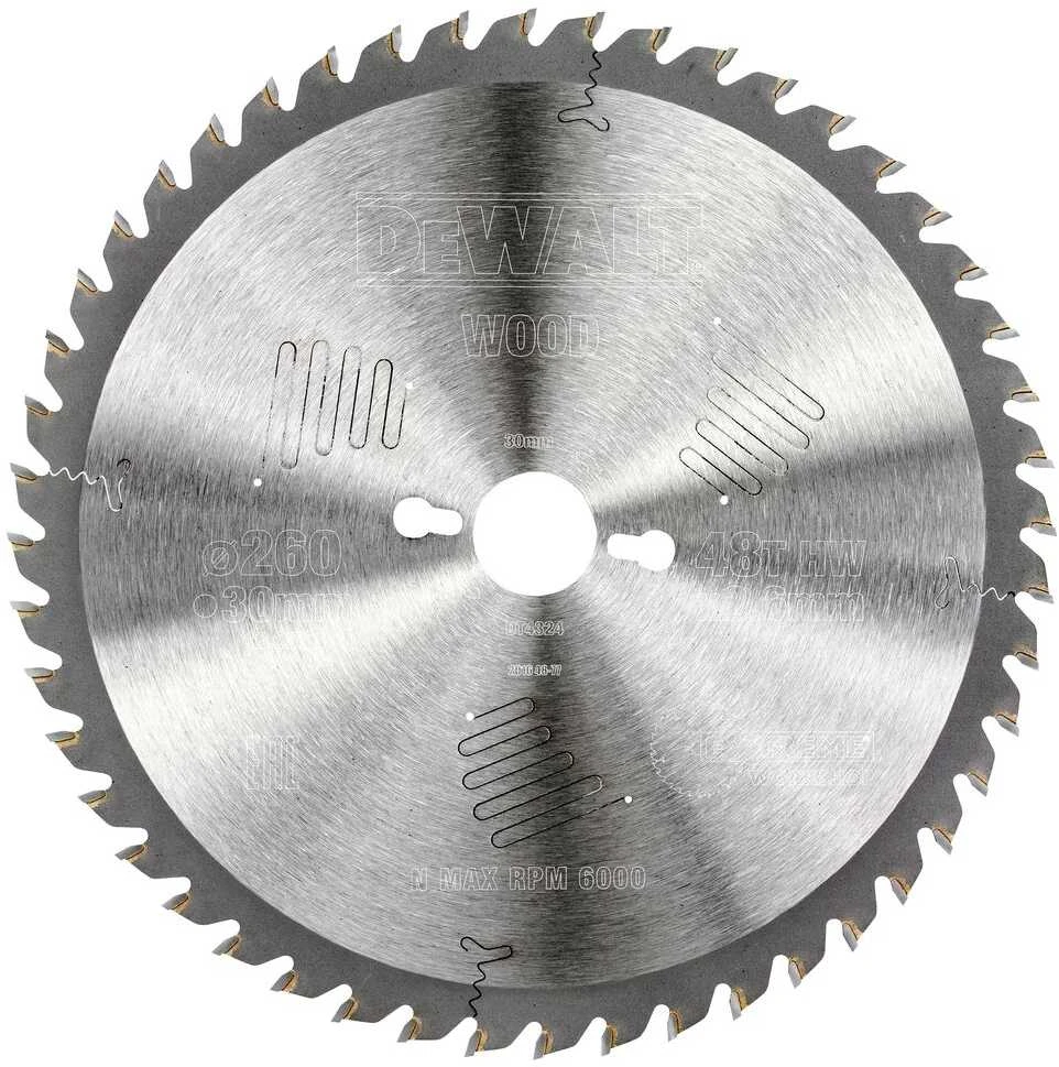 Pjovimo diskas medienai DeWalt; 260x2,6x30,0 mm; Z48; 10°