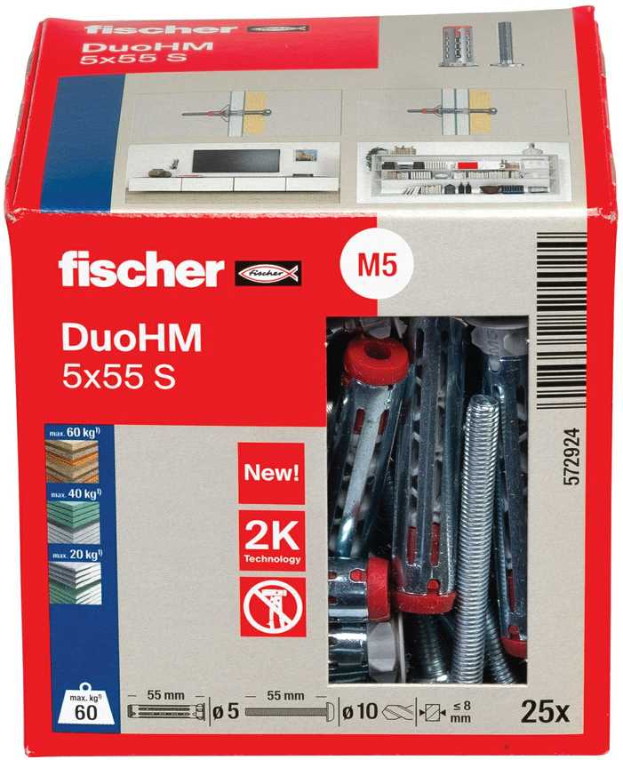 Tuščiavidurių konstrukcijų kaištis DuoHM 5x55 S PH TX, Fischer, 25 vnt.