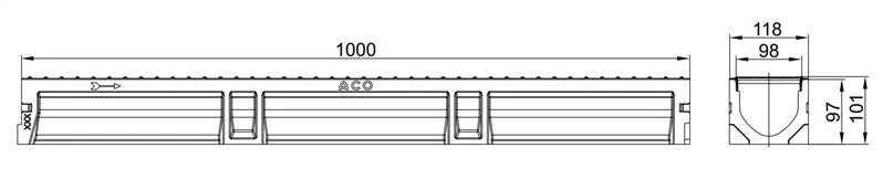 Drenāžas kanāls ar režģi Euroline 2.0 Aco, A15, 100 cm x 11.8 cm x 10 cm