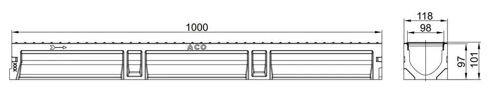 Drenāžas kanāls ar režģi Euroline 2.0 Aco, A15, 100 cm x 11.8 cm x 10 cm