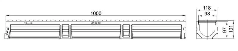 Drenāžas kanāls ar režģi Euroline 2.0 Aco, A15, 100 cm x 11.8 cm x 10 cm