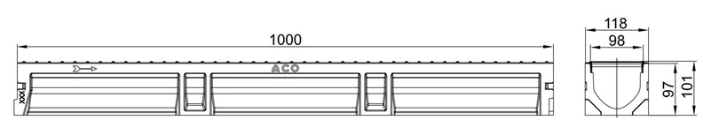 Drenāžas kanāls ar režģi Euroline 2.0 Aco ar cauruli, A15, 100 cm x 11.8 cm x 10 cm