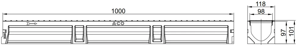 Drenāžas kanāls ar režģi Euroline 2.0 Aco ar cauruli, A15, 100 cm x 11.8 cm x 10 cm