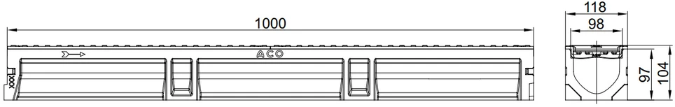 Drenažo latakas Euroline 2.0 Aco su vamzdžiu, B 125, 100 cm x 11.8 cm x 10.4 cm