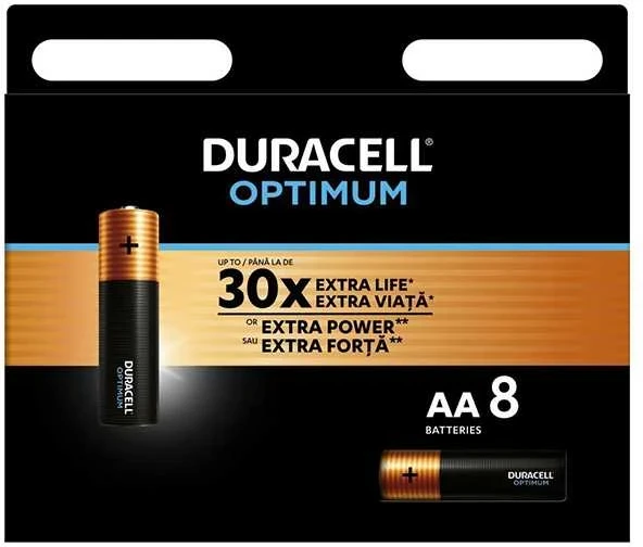 Duracell Optimum vienkartinės šarminės AA baterijos, 8 vnt. pakuotė