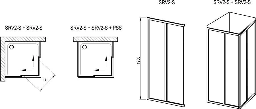 Dušo kabina RAVAK SRV2-90 195 S. be padėklo. 90 cm
