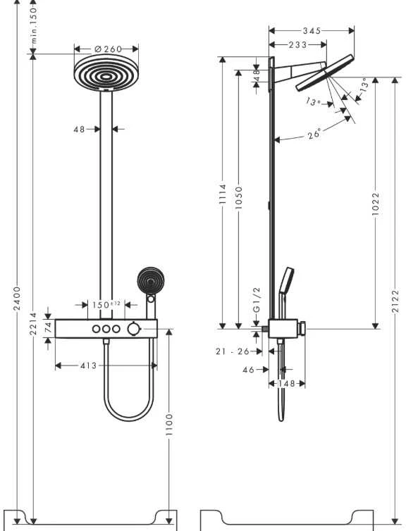 Hansgrohe „Pulsify 260“ 2 srovės dušo sistema su termostatu „ShowerTablet Select 400“, chromuota