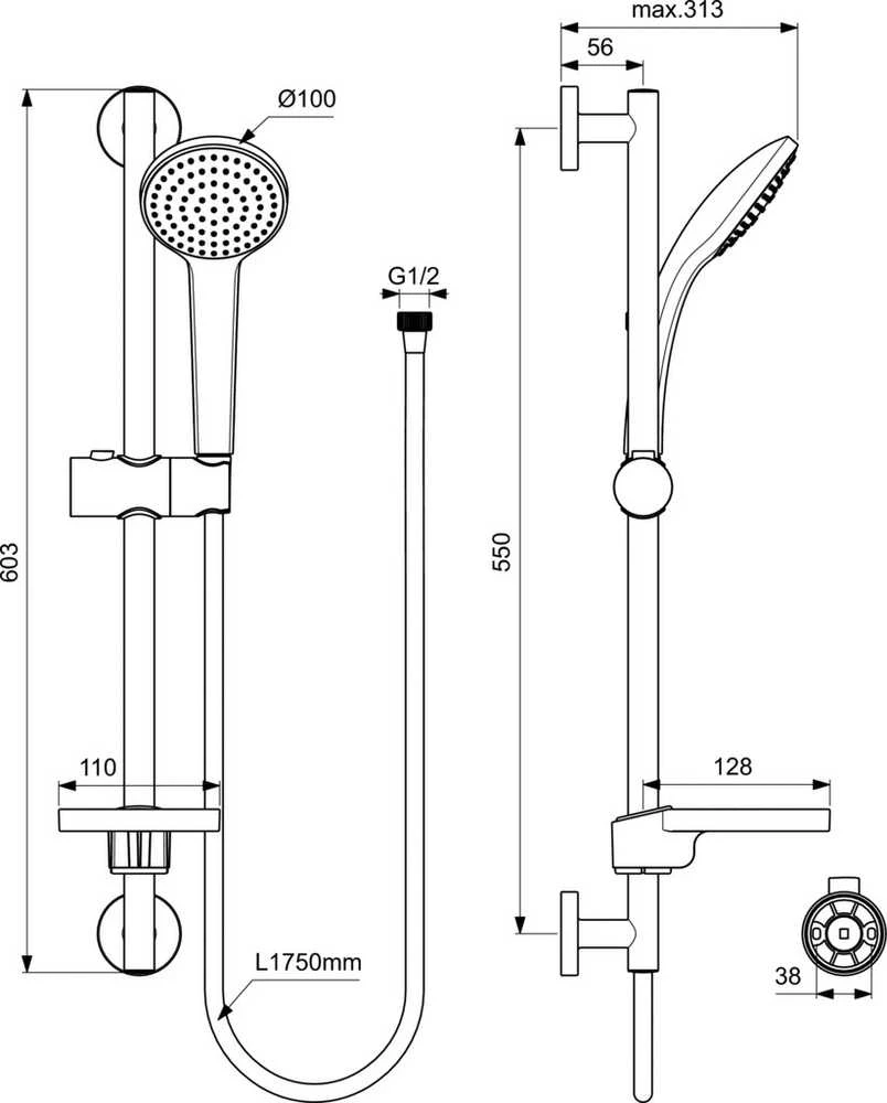 Dušo stovas Ideal Standard IdealRain, M1, 600 mm, galvutė 100 mm