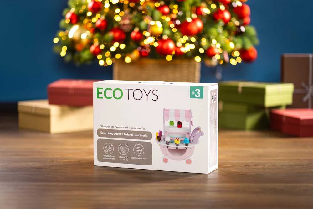 Ecotoys Medinis vežimėlis-ledų parduotuvė vaikams Eco Toys, 12 el