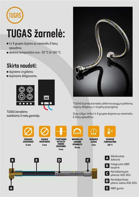 Elastīga gāzes šļūtene Tucai S.A. Tugas HG, V1/2"-V1/2", 40 cm