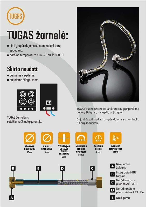 Lanksčioji dujų žarna Tucai S.A. Tucai HG V1/2"-V1/2" 200 cm