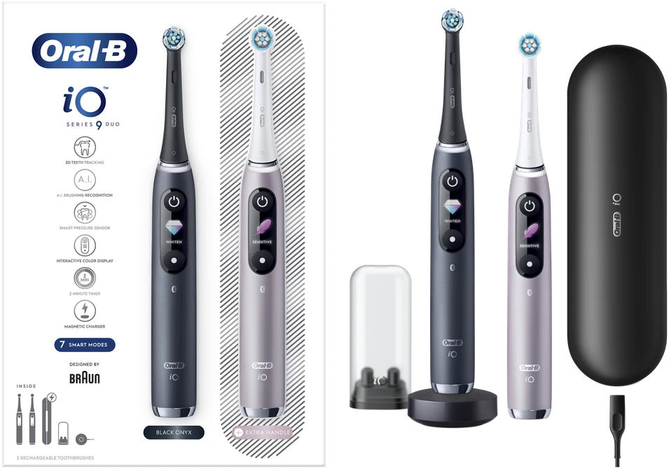 Elektrinis dantų šepetėlis Oral-B iO Series 9 Duo Pack, juoda sp./rožinė sp.