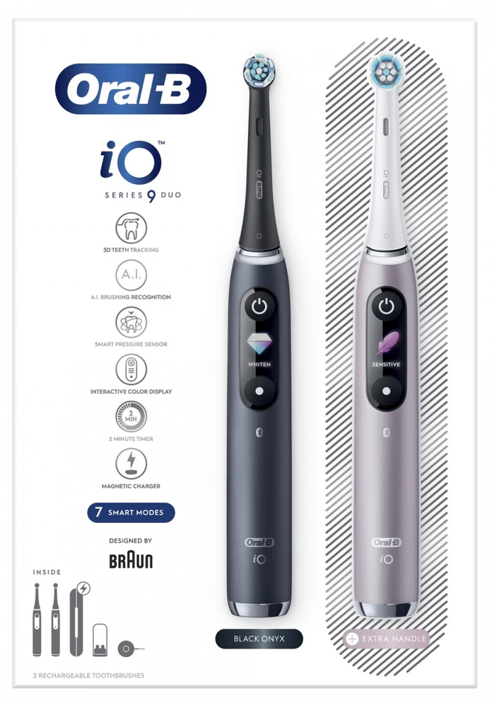 Elektrinis dantų šepetėlis Oral-B iO Series 9 Duo Pack, juoda sp./rožinė sp.