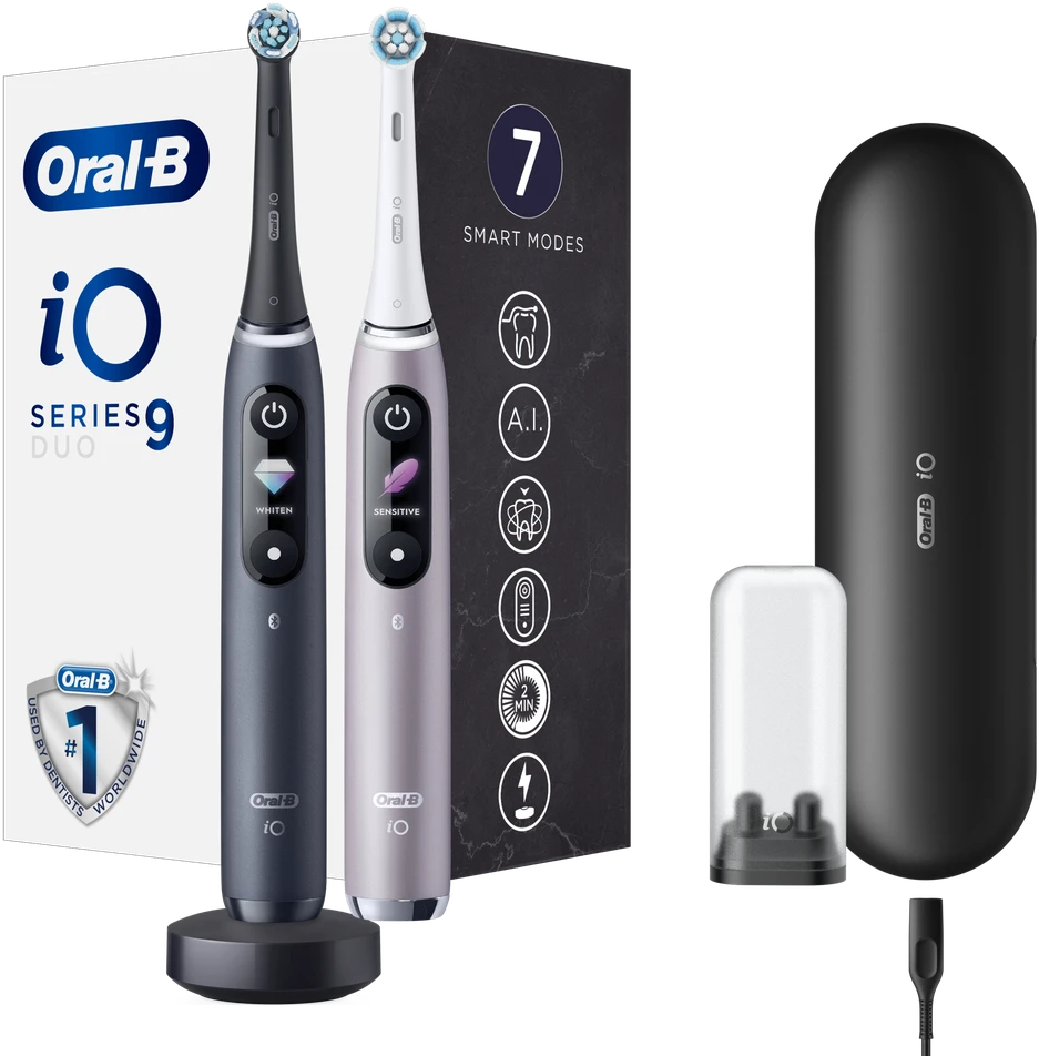 Elektrinis dantų šepetėlis Oral-B iO Series 9 Duo Pack, juoda sp./rožinė sp.