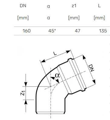 Lauko kanalizacijos alkūnė Magnaplast, Ø 160 mm, 45°