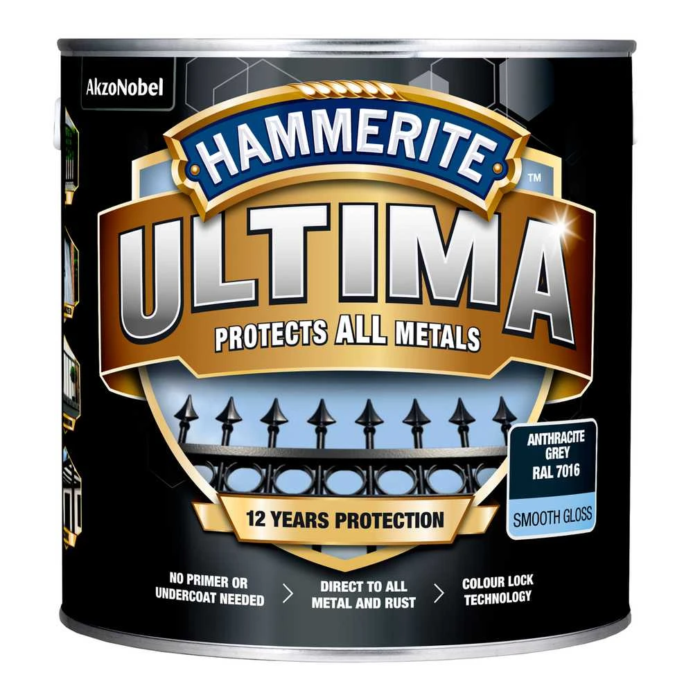 Emalio dažai, apsaugo metalines konstrukcijas nuo korozijos Hammerite Ultima Smooth, blizgūs, 2,2 l, antracito spalvos.