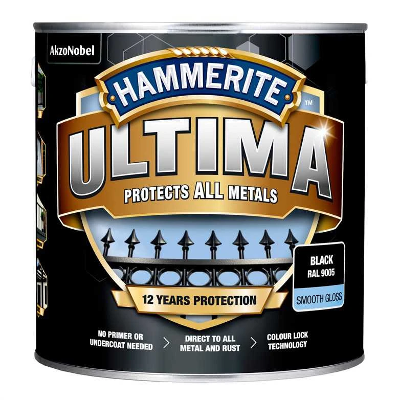 Emalis, apsaugo metalines konstrukcijas nuo korozijos Hammerite Ultima Smooth, blizgus, 2,2 l, juodos spalvos.