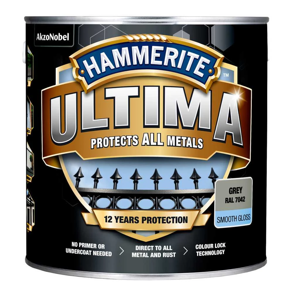Emalio dažai, apsaugo metalines konstrukcijas nuo korozijos Hammerite Ultima Smooth, blizgūs, 2.2 l, pilkos spalvos.