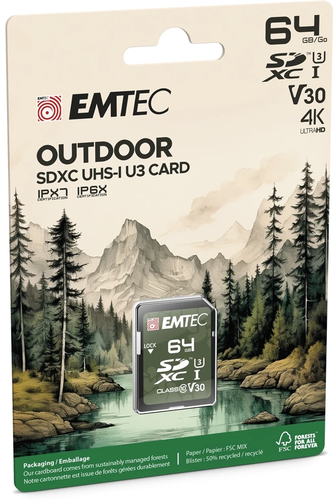 Emtec 64GB SDXC kortelė pakuotėje su miško peizažu