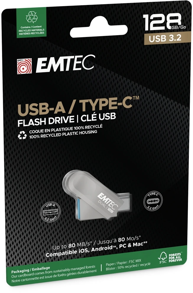 Pendrive Emtec Dual D280 128GB Sidabrinė (ECMMD128GD283)