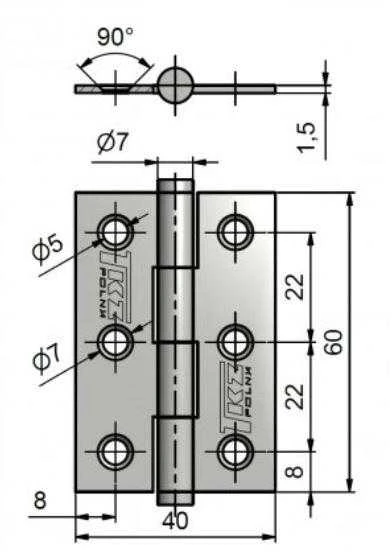 TKZ Durų lankstas J2 KZ60, 60 x 40 mm