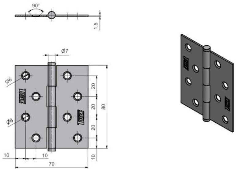 TKZ Langų lankstai J1 KZ80, 70 x 80 mm, 2 vnt.