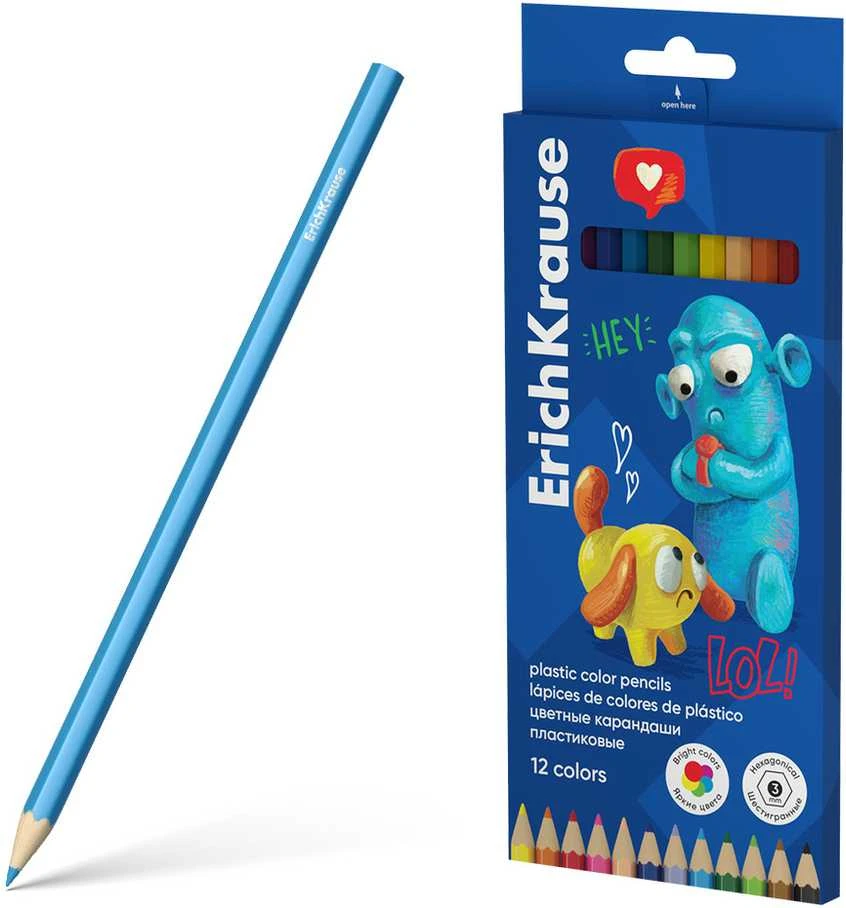 Spalvoti pieštukai Erichkrause Jolly Friends hexagonal, 12 vnt