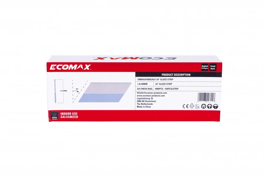 Vinys Ecomax EMNA341850GALV; 34°; 50 mm; 1,8 mm; 4000 vnt.; galvanizuotos