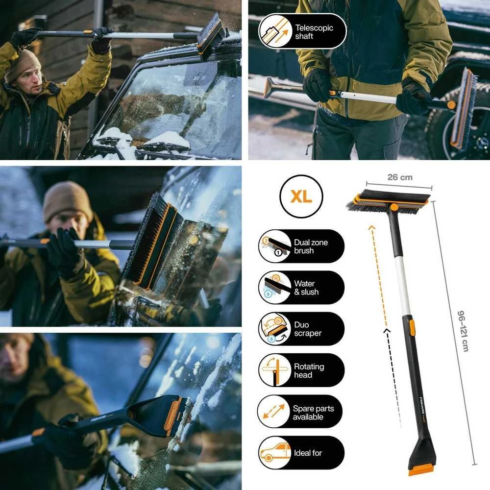 Teleskopinis automobilinis pasukamas sniego šepetys su grandikliu Fiskars X-series