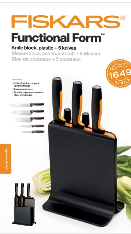 Fiskars FF 5 peilių rinkinys plastikiniame bloke
