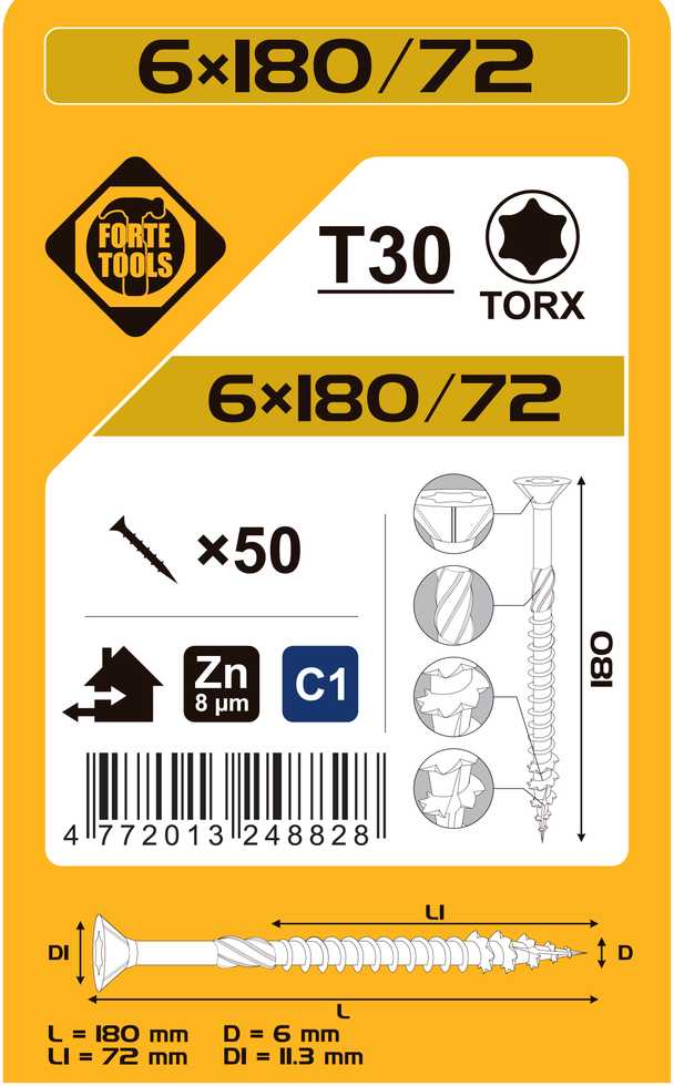 Forte_Tools Medraigčiai FORTE TOOLS, 6×180/72 mm, ZN, TX30, 50 vnt.