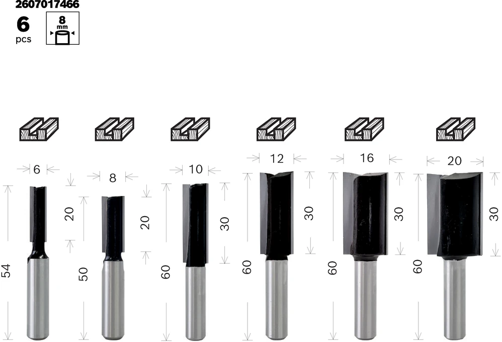 Bosch 6 daliu frezų kompl. 8 mm kotu,"Straight"