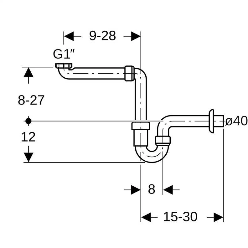 Geberit Praustuvo sifonas taupantis vietą d=40mm, G=1 1/2 x 1 1/4", baltas