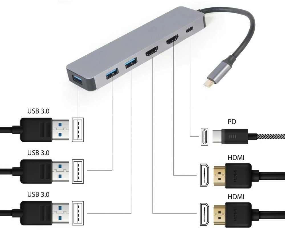 Gembird Adapteris usb-c hub usb-c pd hdmi x2 usb 3.0x3