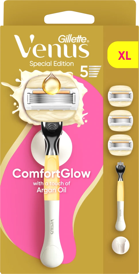 Gillette Venus ComfortGlow Argan Oil skustuvas, 3 keičiamos skustuvo galvutės, sieninis laikiklis